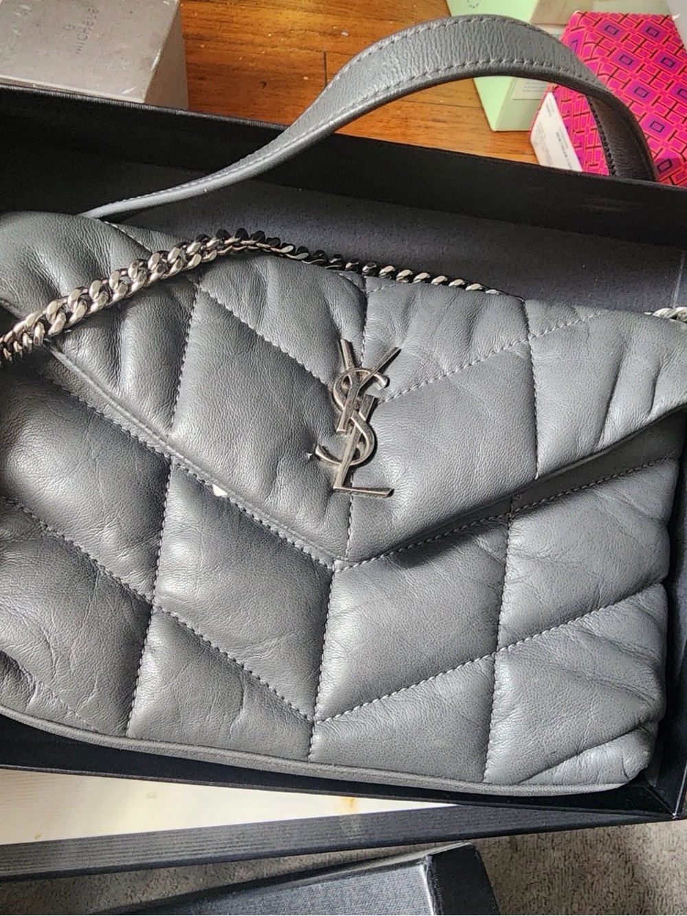 Yves Saint Laurent Quilted Chevron Leather Crossbody Bag in Gray
